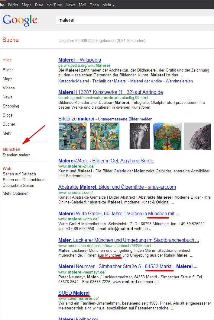 Google Venice-Update: Ergebnisse der "Malerei" Suche mit Standort München