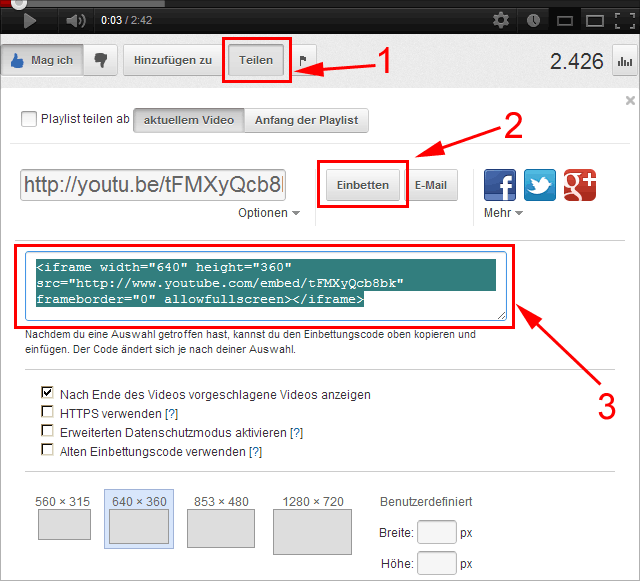 Youtube Video einbinden - einfach auf Teilen und Einbetten klicken