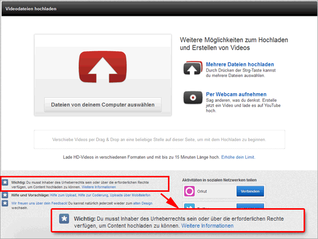 Hinweis zum Urheberrecht beim YouTube Video Upload
