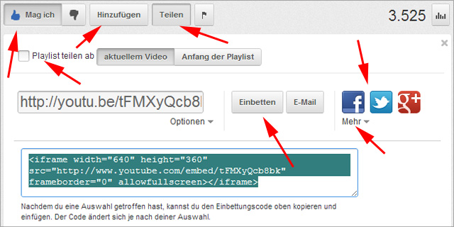 Einige Sharing-Optionen auf der youTube Videoseite