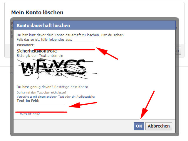 Passwort und Capture, um das facebook-Konto dauerhaft zu löschen