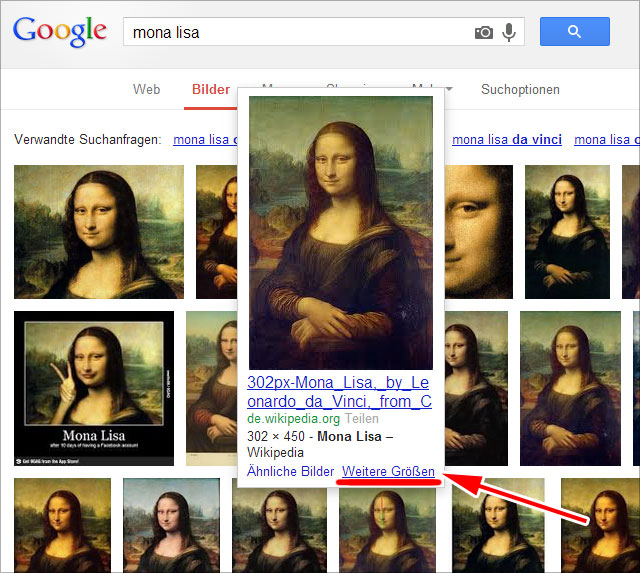 Google Bilder: weitere Größen, Link unter jedem Bild (bei Rollover)