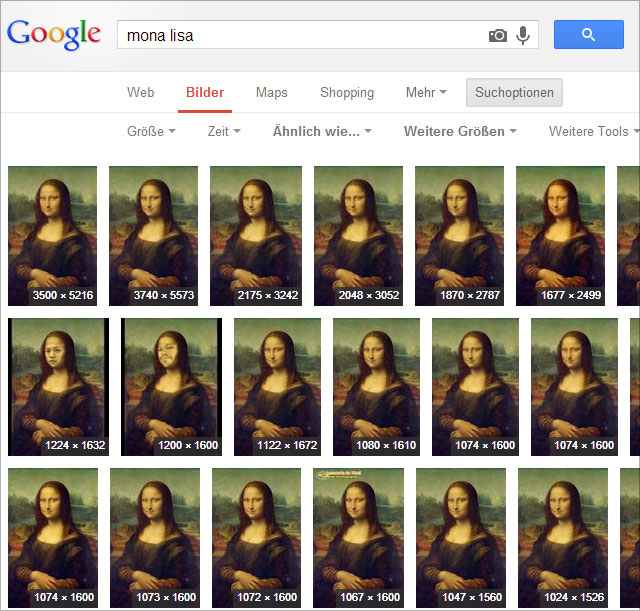 Google Bildersuche - Liste mit weiteren Größen, sortiert.
