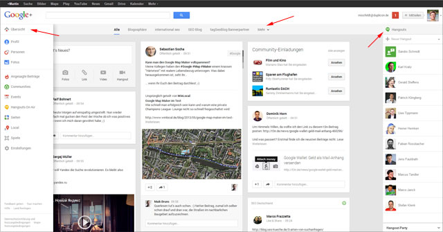 Das neue Google+ Layout: dreispaltig auf großen Screens