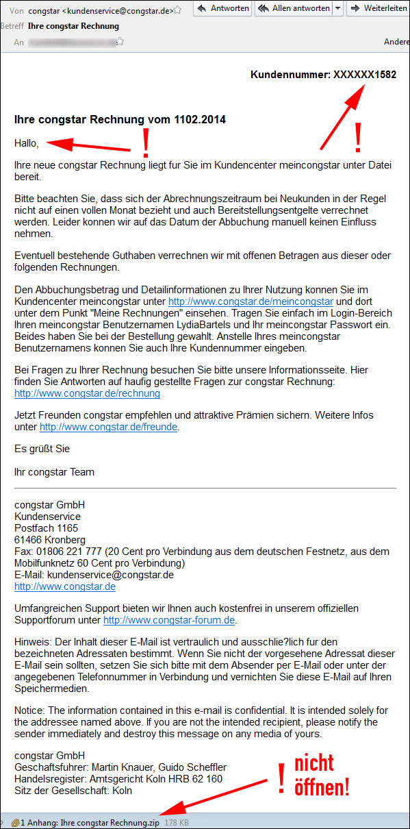 Gefälschte Congstar Email mit gefährlicher Rechnung als Anhang