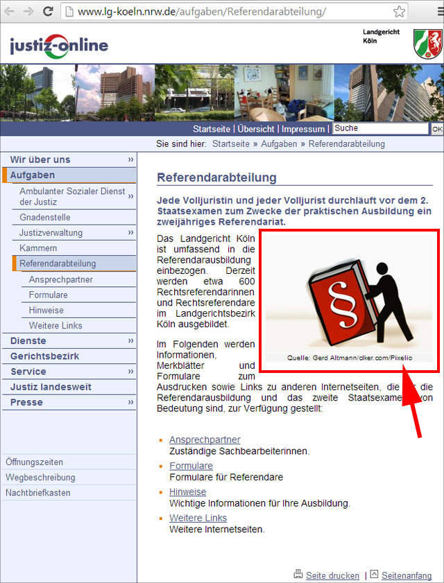 Pixelio Bild auf der Website des LG Köln