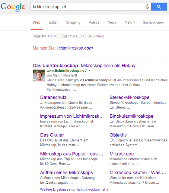 Lichtmikroskop.net : Sitelinks schon nach drei Wochen