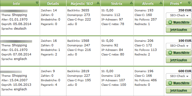 Listendarstellung der Expired Domains bei redomain.at