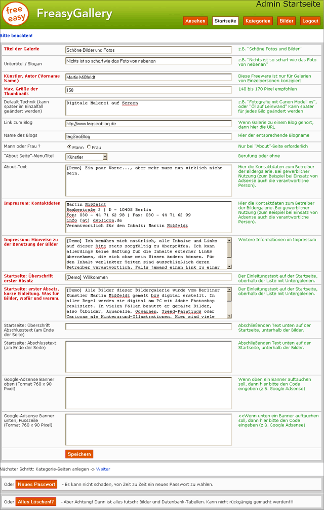 FreasyGallery Admin-Oberfläche Homepage (Voreinstellungen)