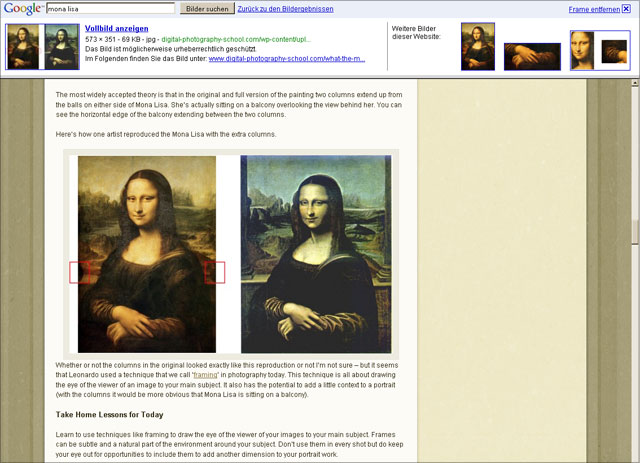 Google Bildersuche Frameset: Entwurf mit weiteren Bildern von der Seite