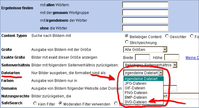 Google Erweiterte Bildersuche: Dateiart SVG