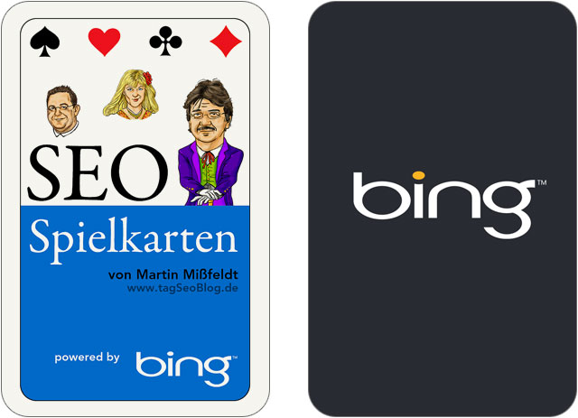 Deckblatt des Seo-Kartenspiel und Rückseite mit Sponsor bing