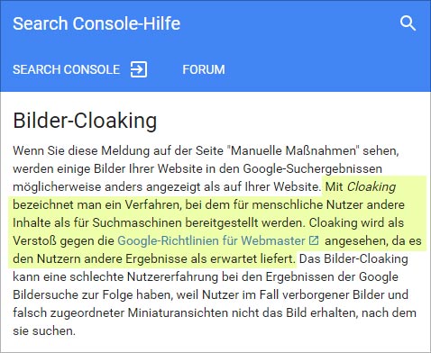 Bilder Cloaking (Webmaster Richtlinien der SearchConsole)