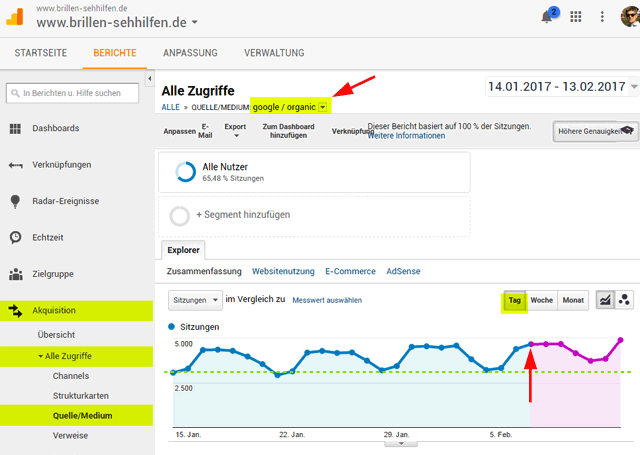 Zunahme des Traffics aus Google-Organic am Beispiel Brillen-Sehhilfen.de (Screen Google Analytics)