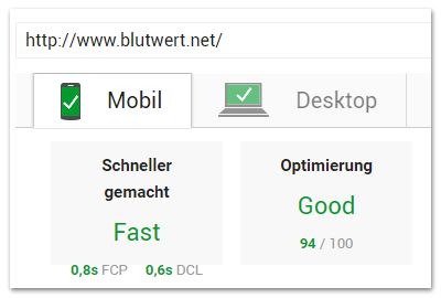 pageSpeed-Werte der mobilen Seite von Blutwert.net