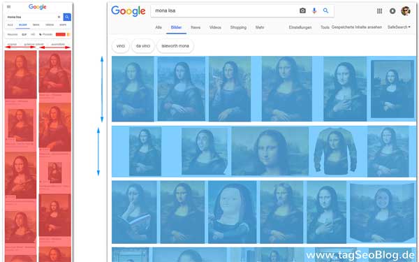 Google Bildersuche Layout: mobile=Spalten; Desktop=Zeilen