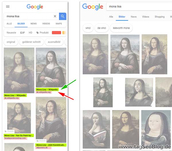 Die mobile Bildersuche von Google zeigt mehr Informationen: Seitentitel und Domain