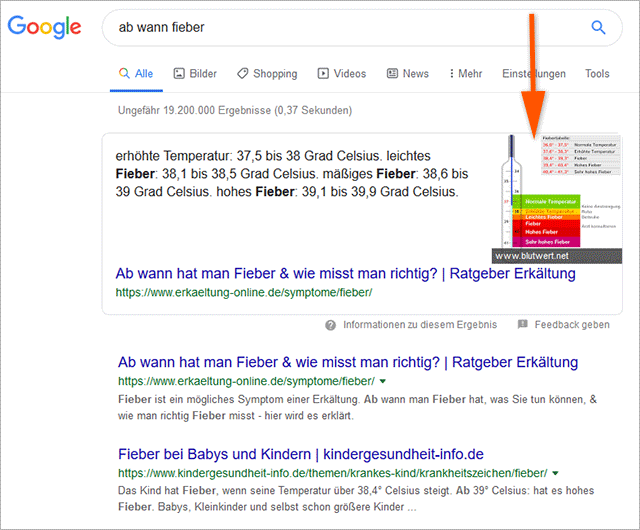 Google Suchergebnisseite für "ab wann fieber"