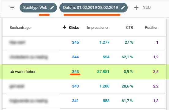 GSC, Suchtyp Web - Daten von Februar 2019 (vor dem Core-Update)