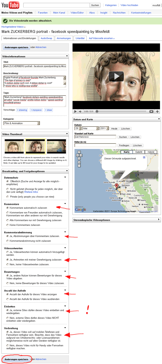 Videodetails bearbeiten - Änderung bei den Default-Einstellungen von youTube