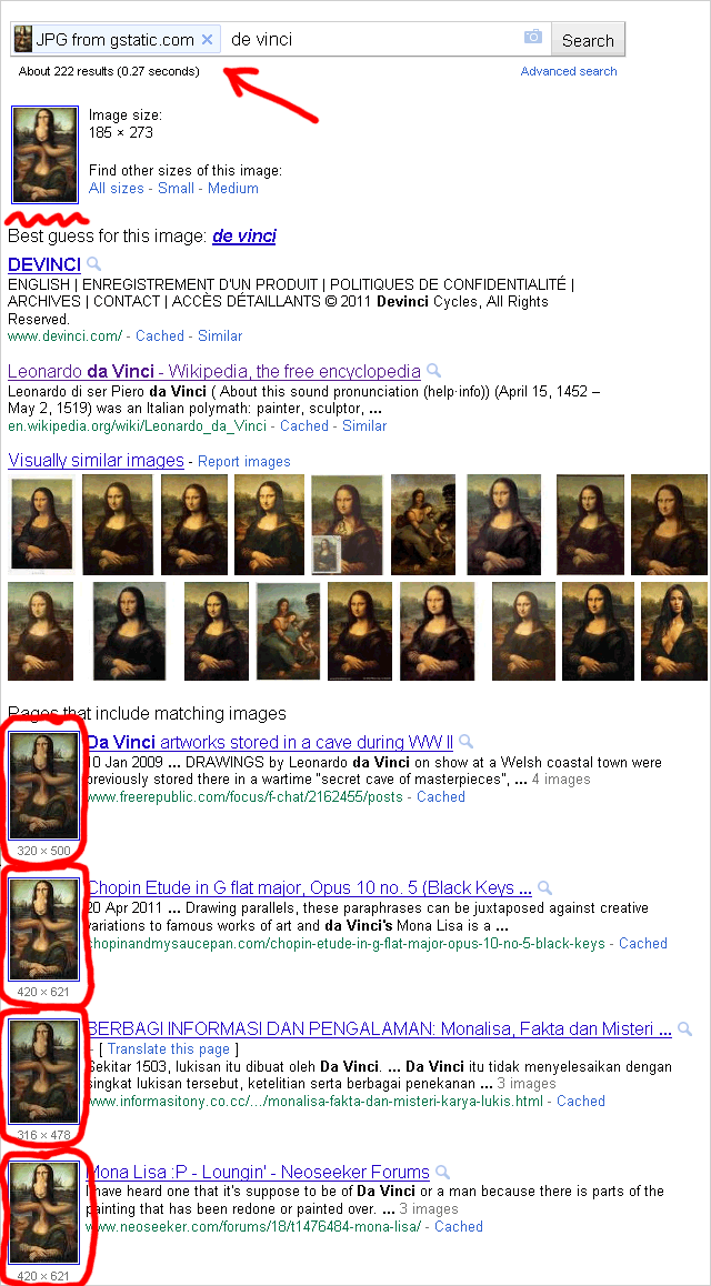 Search by Image: Organische Suchergebnisseite mit Thumbnails (Beispiel: Mona Lisa)