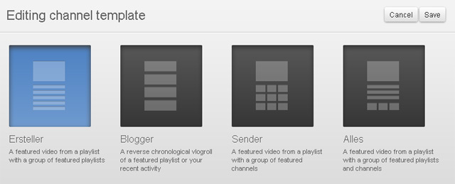 youTube-Channel-Design: Auswahlmöglichkeit zwischen vier templates