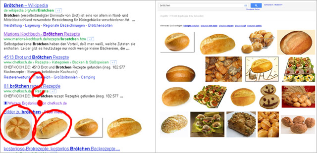 Brötchen bei Google - links: Bilder-Onebox - rechts: Bildersuche