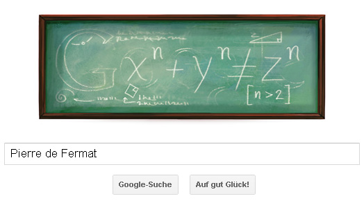 Mathetafel zu Ehren von Pierre de Fermat auf der Google Startseite (Doodle)