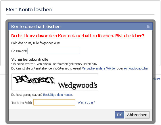 Facebook Account löschen - Schritt 2 (Sicherheitsabfrage)