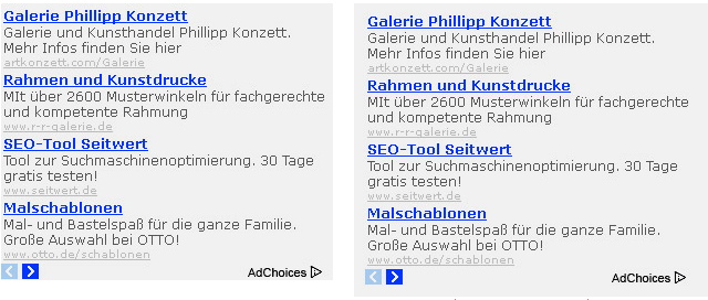 Adsense Banner ohne (links) und mit (rechts) Rahmen