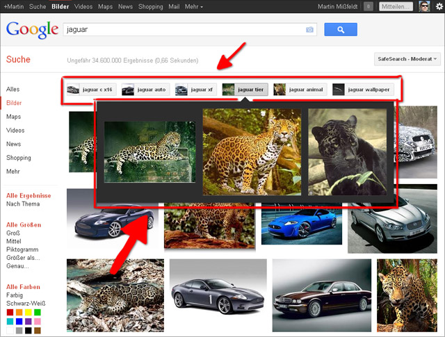 Google Bildersuche: Vorschläge für verfeinerte Suche nun mit Vorschau