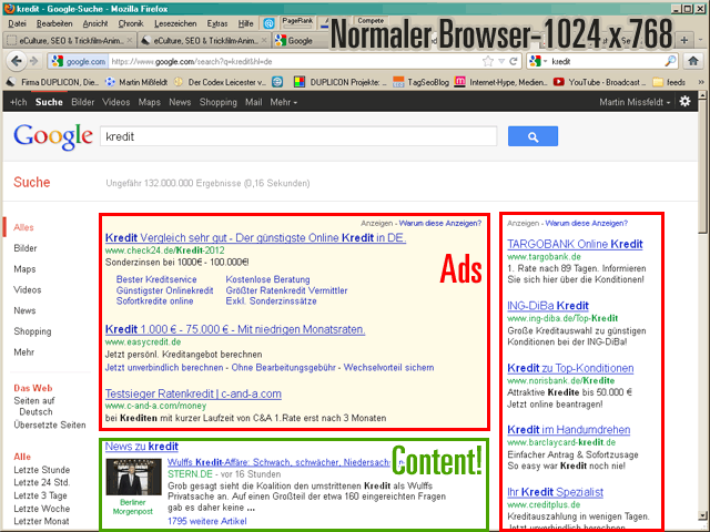 Google Suche mit Adwords-Anzeigen (Beispiel: Suche nach "kredit")