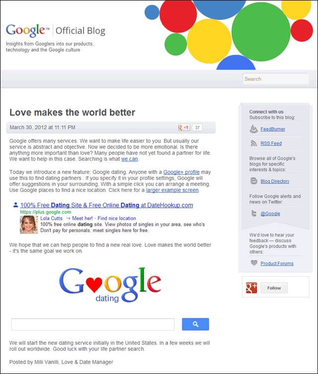 Offizieller Google-Blog: "Love makes the world better" (Google Dating)