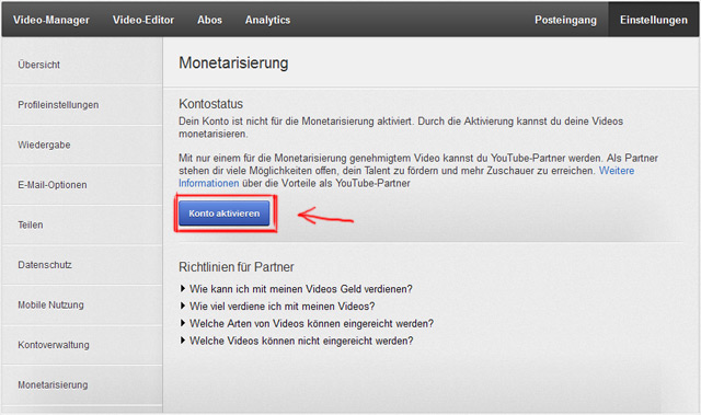YouTube Adsense Konto aktivieren