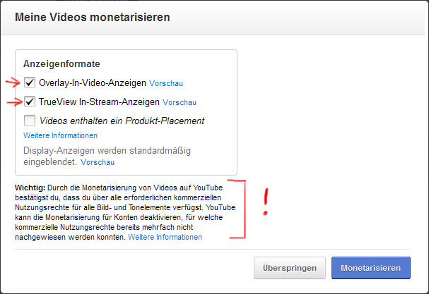 youTube: "Meine Videos monetarisieren"