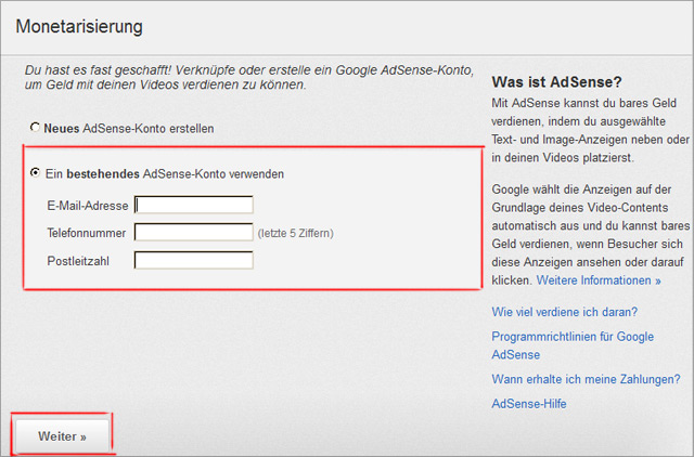 YouTube mit Adsense Konto verknüpfen - mit Email, Telefon und Postleitzahl