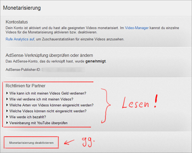 youTube Richtlinien für Partner - und wie man die Monetariserierung weider deaktivieren kann