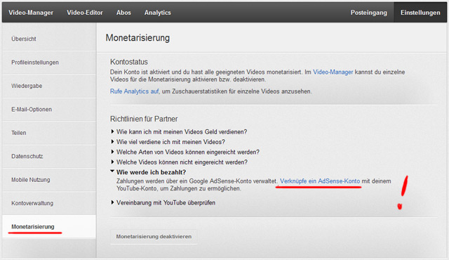 Nicht vergessen! Youtube mit Adsense-Konto verknüpfen