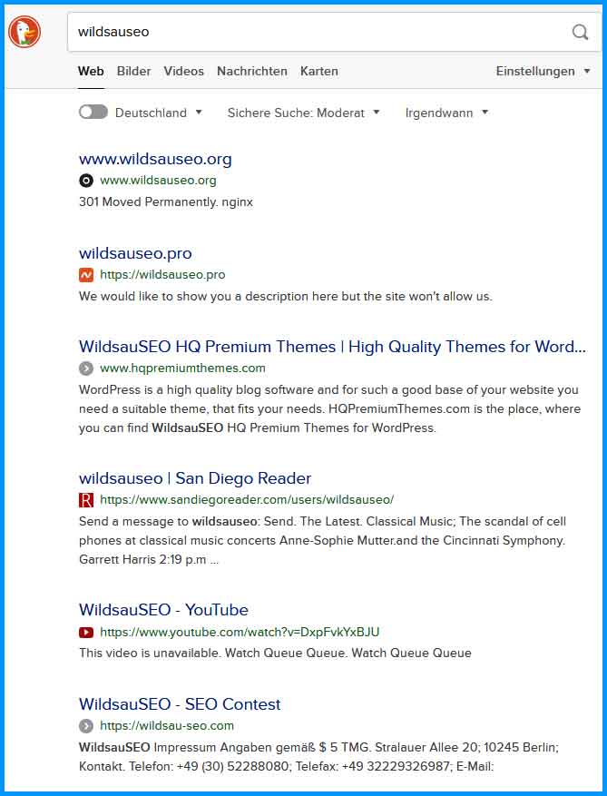 Keyword "Wildsauseo" bei DuckDuckGo